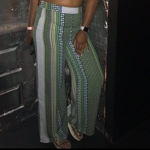 Boho flare blue, green, yellow, and white pants
